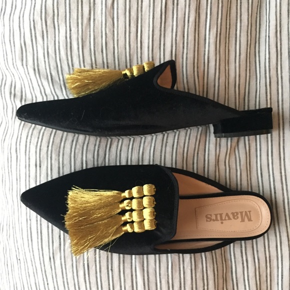 Mavirs Black Velvet Gold Tassel Mules 